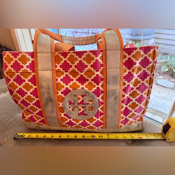 Tory Burch Pink and Orange Geometric Canvas Tote - Picture 1 of 10